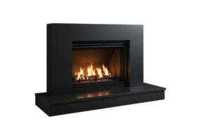 Modern black fireplace with realistic glowing flames isolated on transparent background png