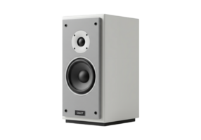 Modern white bookshelf speaker with grey front panel and black woofer isolated on transparent background png