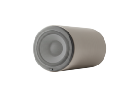 Modern cylindrical speaker with textured grille and subtle branding isolated on transparent background png