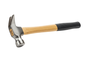 A metal claw hammer with a wooden handle and black grip isolated on transparent background png