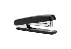 A sleek black office stapler with silver metal accents isolated on transparent background png