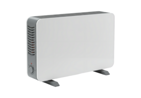 Modern white electric panel heater with grey accents and adjustable dial isolated on transparent background png