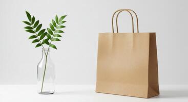 Brown paper bag with green plant on white background photo