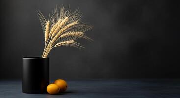A vase with wheat and oranges on a table photo