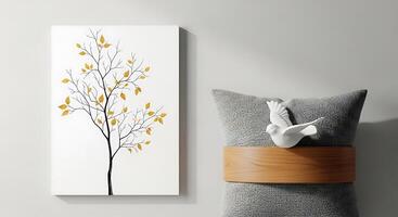 A wall mounted painting of a tree with leaves photo