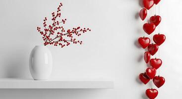 A vase with red hearts and a branch of red berries photo
