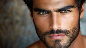 Intense close up portrait of a handsome man with green eyes. photo