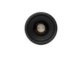 Close up of a camera lens front element and focusing ring isolated on transparent background png