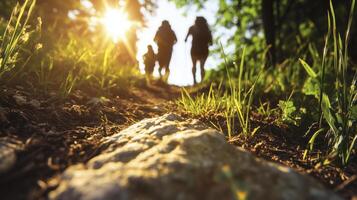close-up of a group of hikers on a wooded mountain path photo