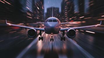 sleek aircraft taking off under glowing neon skyline photo