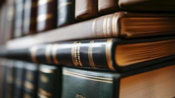 close-up of numerous books lined on tall library shelves photo