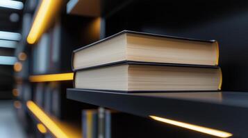 A stack of books on a shelf in a library close up photo