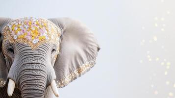 An elephant with a gold headdress and a flower on its trunk photo