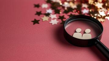 Magnifying glass on a pink background with stars and people photo