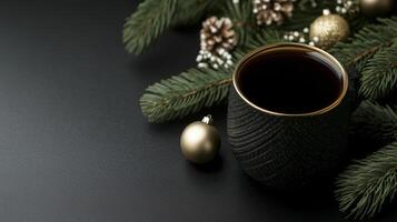 A cup of coffee and christmas decorations on a black background photo