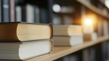 A stack of books on a shelf in a library. photo