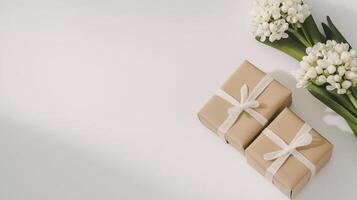 arrangement of hyacinths and simple gift boxes on clean white background photo