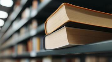 A stack of books on a shelf in a library photo