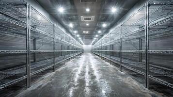 Empty industrial refrigerator with metal shelves awaiting stock photo
