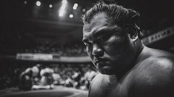Sumo wrestler concentrating before entering the ring in a competition photo