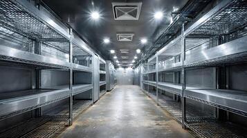 Empty industrial refrigerator showing metal shelves and air conditioning system photo