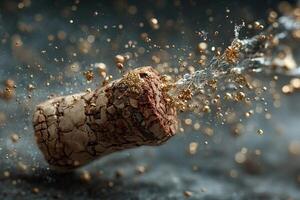 Champagne cork popping with golden bubbles and sparkling wine splash photo