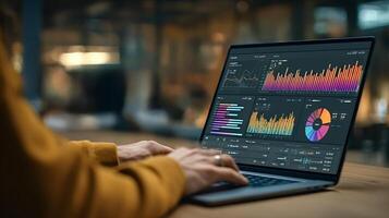 Businesswoman analyzing data on laptop with colorful charts and graphs displayed on screen photo