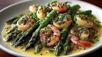 Seared shrimp with sauteed asparagus and lemon butter sauce photo