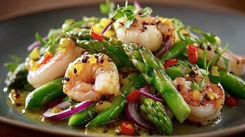 Delicious sauteed shrimp and asparagus salad with mustard vinaigrette photo