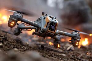 Drone flying and recording over burning field photo