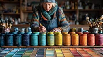 Artist painting in her workshop using colorful paints and brushes photo