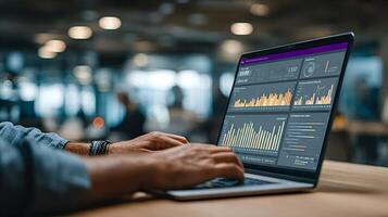 Businessman analyzing data on laptop with charts and graphs displayed on screen photo