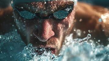 Professional swimmer breathing while swimming butterfly stroke in a competition pool photo