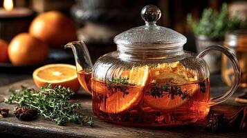 Herbal tea with oranges and thyme photo
