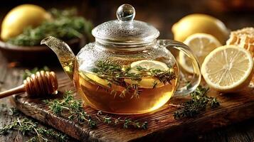 Glass teapot with lemon thyme tea photo