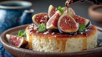 Fig topped pancake with honey syrup photo