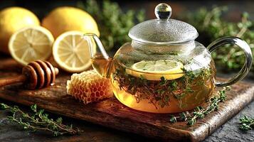 Herbal tea brewing in glass teapot with thyme, honey and lemon on wooden board photo