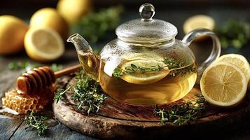 Herbal tea with thyme, honey and lemon in a glass teapot photo