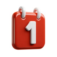 Red Calendar Icon with Number One on Transparent Background rendered png