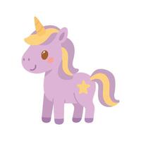 Adorable purple unicorn with a yellow mane and star mark, designed for magical storybooks, fantasy themes, or charming children illustrations vector