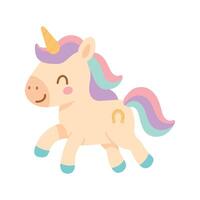 Adorable pastel unicorn with rainbow mane, golden horseshoe, and happy smile. Perfect for kids designs, fantasy themes, and magical character illustrations vector