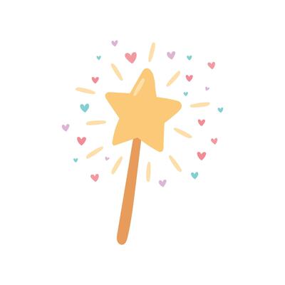 Golden star wand sparkles with floating hearts and magical energy in this dreamy illustration perfect for fantasy, spell, and fairytale scenes