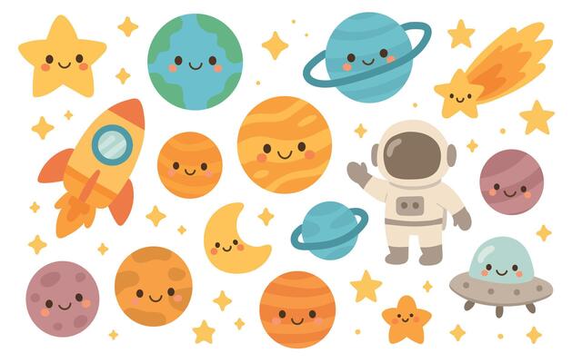 Smiling planets, stars, rocket, astronaut, and UFO gather in a fun outer space cartoon perfect for kids, solar system education, or science-themed art