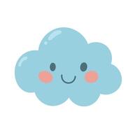Kawaii blue cloud with rosy cheeks and gentle smile. Ideal for weather icons, nursery prints, and cheerful cartoon-style sky characters vector