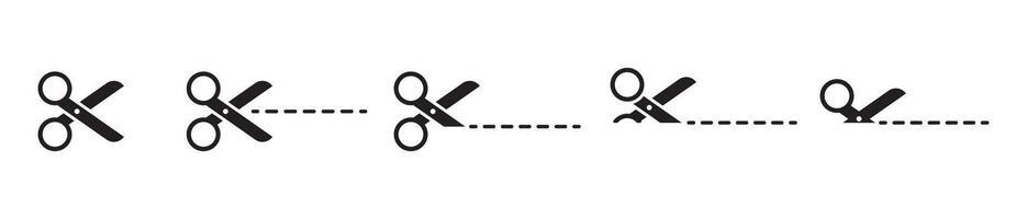 Open scissors line icon set. scissor with cut line icon. dotted dash cutting line symbol. paper dash cut mark icon. scissor trim line icon. vector