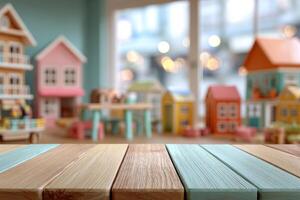 Wooden table in foreground with blurred background of colorful childrens playroom photo