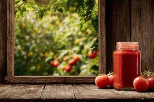 Glass jar filled with tomato sauce stands next to tomatoes on table near window photo