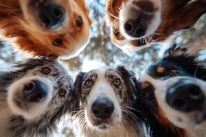 Group of dogs looking down at camera in low angle shot photo