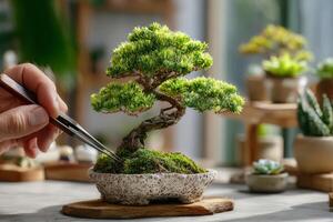 Hand using tweezers to trim bonsai tree in pot photo