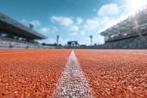 Running track with white line leading into blurred stadium photo